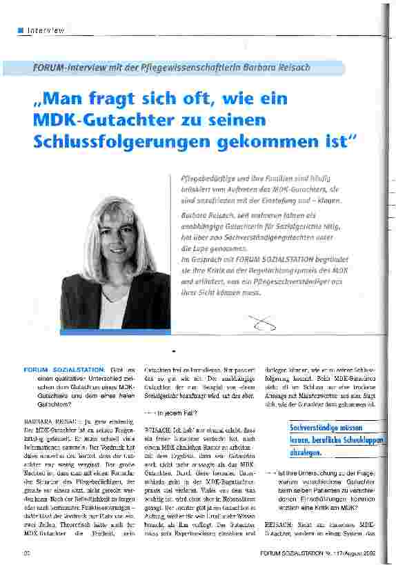 Vorschauseite 1: Man fragt sich oft, wie ein MDK-Gutachter zu seinen Schlussfolgerungen gekommen ist FORUM-Interview mit der Pflegewissenschaftlerin Barbara Reisach