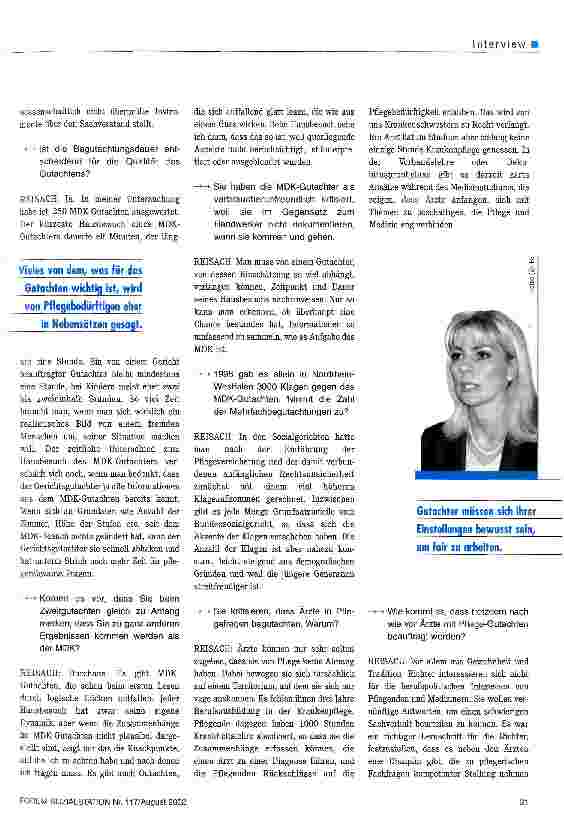 Vorschauseite 2: Man fragt sich oft, wie ein MDK-Gutachter zu seinen Schlussfolgerungen gekommen ist FORUM-Interview mit der Pflegewissenschaftlerin Barbara Reisach