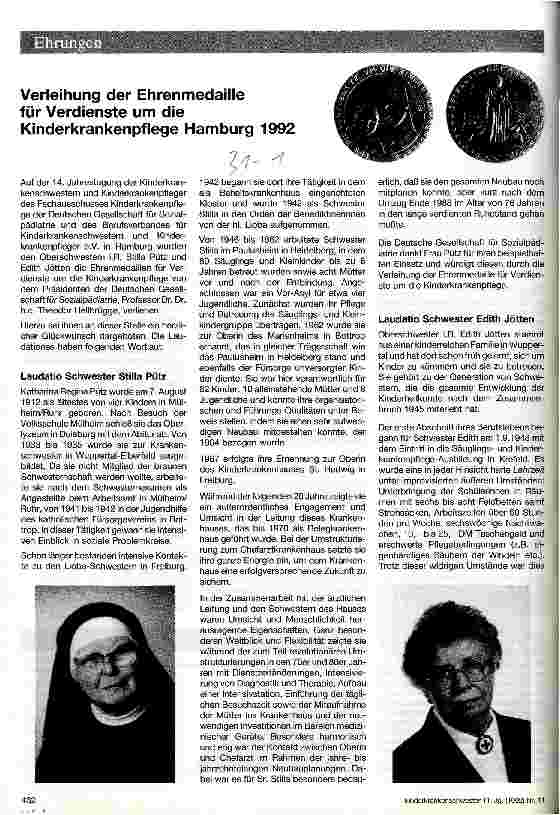 Vorschauseite 1: Verleihung der Ehrenmedaille für Verdienste um die Kinderkrankenpflege Hamburg 1992