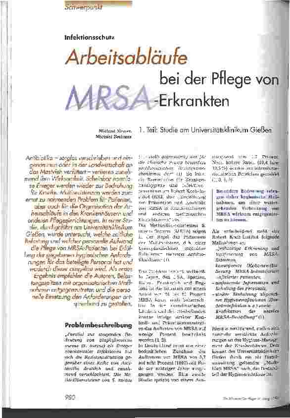 Vorschauseite 1: Arbeitsabläufe bei der Pflege von MRSA-Erkrankten Teil 1: Studie am Universitätsklinikum Gießen