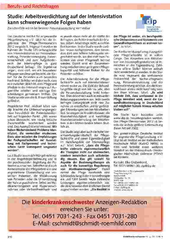 Vorschauseite 1: Studie: Arbeitsverdichtung auf der Intensivstation kann schwerwiegende Folgen haben