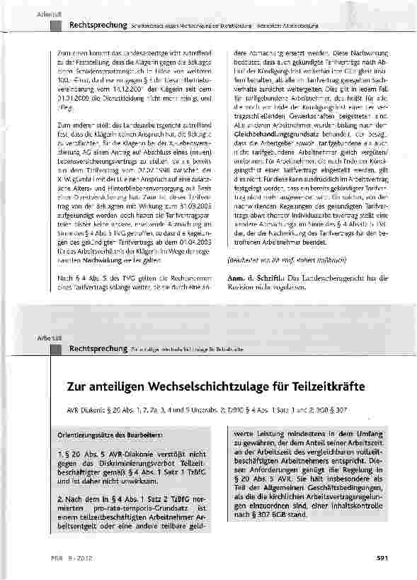 Vorschauseite 1: Zur anteiligen Wechselschichtzulage für Teilzeitkräfte AVR-Diakonie § 20 Abs. 1, 2, 2a, 3, 4 und 5 Unterabs. 2; TzBfG § 4 Abs. 1 Satz 1 und 2; BGB § 307