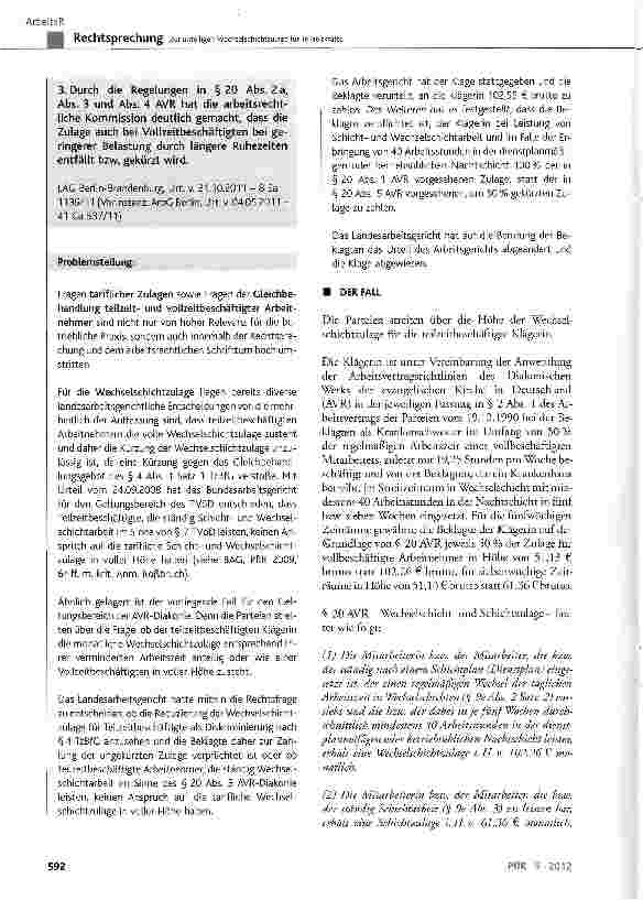 Vorschauseite 2: Zur anteiligen Wechselschichtzulage für Teilzeitkräfte AVR-Diakonie § 20 Abs. 1, 2, 2a, 3, 4 und 5 Unterabs. 2; TzBfG § 4 Abs. 1 Satz 1 und 2; BGB § 307