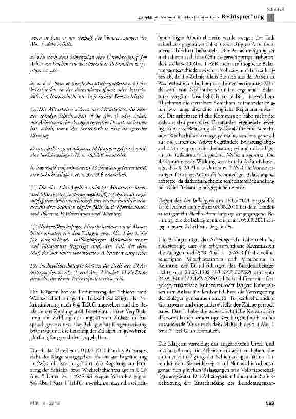 Vorschauseite 3: Zur anteiligen Wechselschichtzulage für Teilzeitkräfte AVR-Diakonie § 20 Abs. 1, 2, 2a, 3, 4 und 5 Unterabs. 2; TzBfG § 4 Abs. 1 Satz 1 und 2; BGB § 307