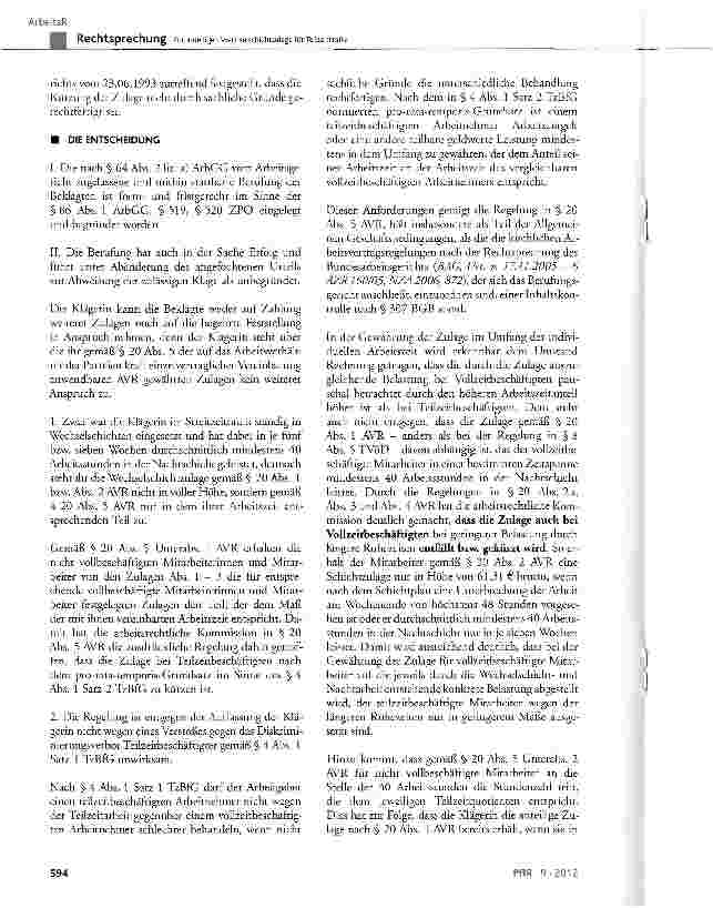 Vorschauseite 4: Zur anteiligen Wechselschichtzulage für Teilzeitkräfte AVR-Diakonie § 20 Abs. 1, 2, 2a, 3, 4 und 5 Unterabs. 2; TzBfG § 4 Abs. 1 Satz 1 und 2; BGB § 307