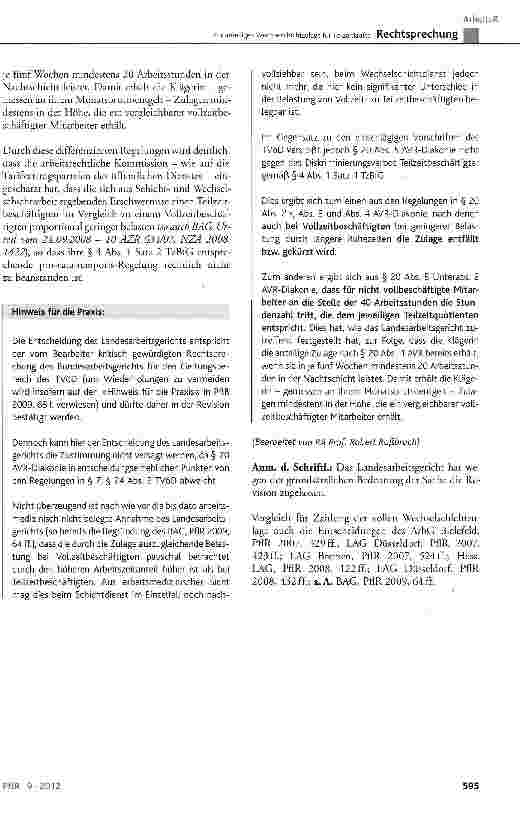 Vorschauseite 5: Zur anteiligen Wechselschichtzulage für Teilzeitkräfte AVR-Diakonie § 20 Abs. 1, 2, 2a, 3, 4 und 5 Unterabs. 2; TzBfG § 4 Abs. 1 Satz 1 und 2; BGB § 307