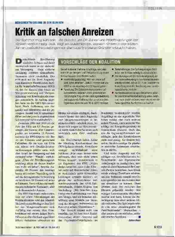 Vorschauseite 1: MENGENENTWICKLUNG IN DEN KLINIKENKritik an falschen Anreizen
