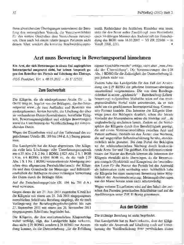 Vorschauseite 1: Arzt muss Bewertung in Bewertungsportal hinnehmen
