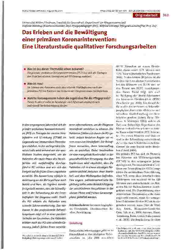 Vorschauseite 1: Das Erleben und die Bewältigung einer primären Koronarintervention: Eine Literaturstudie qualitativer Forschungsarbeiten