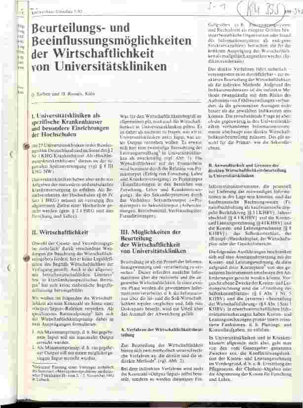 Vorschauseite 1: Beurteilungsund Beeinflussungsmöglichkeiten der Wirtschaftlichkeit von Universitätskliniken