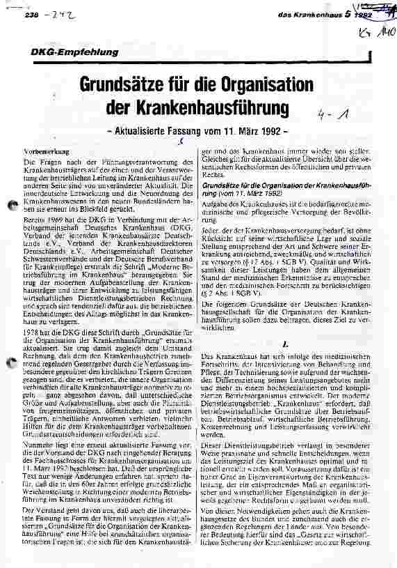 Vorschauseite 1: Grundsätze für die Organisation der Krankenhausführung Aktualisierte Fassung vom 11. März 1992