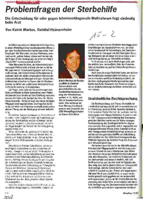 Vorschauseite 1: Problemfragen der Sterbehilfe - Die Entscheidung für oder gegen lebensverlängernde Maßnahmen liegt eindeutig beim Arzt