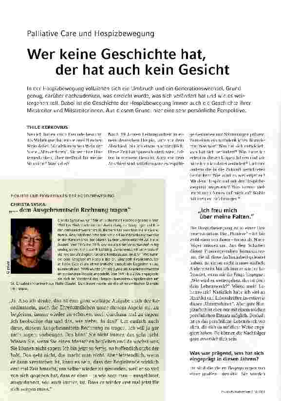 Vorschauseite 1: Palliative Care und HospizbewegungWer keine Geschichte hat, der hat auch kein Gesicht