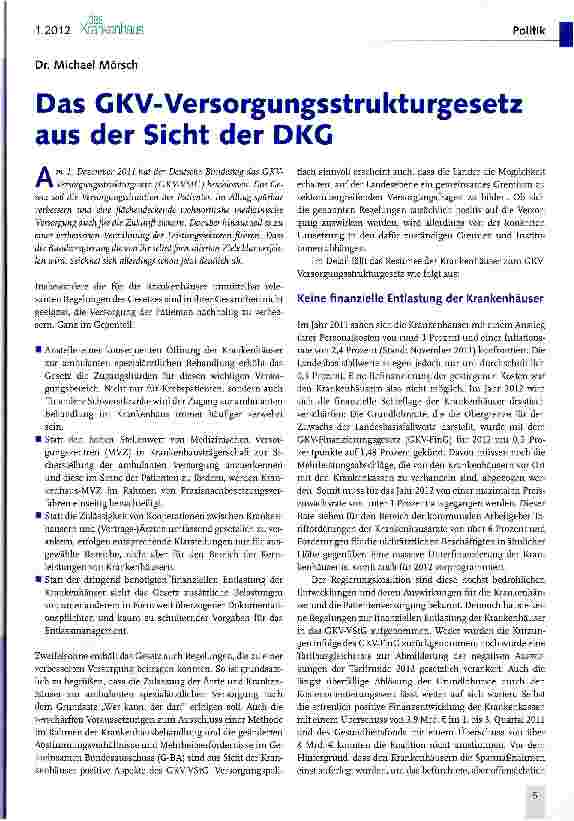 Vorschauseite 1: Das GKV-Versorgungsstrukturgesetz aus der Sicht der DKG