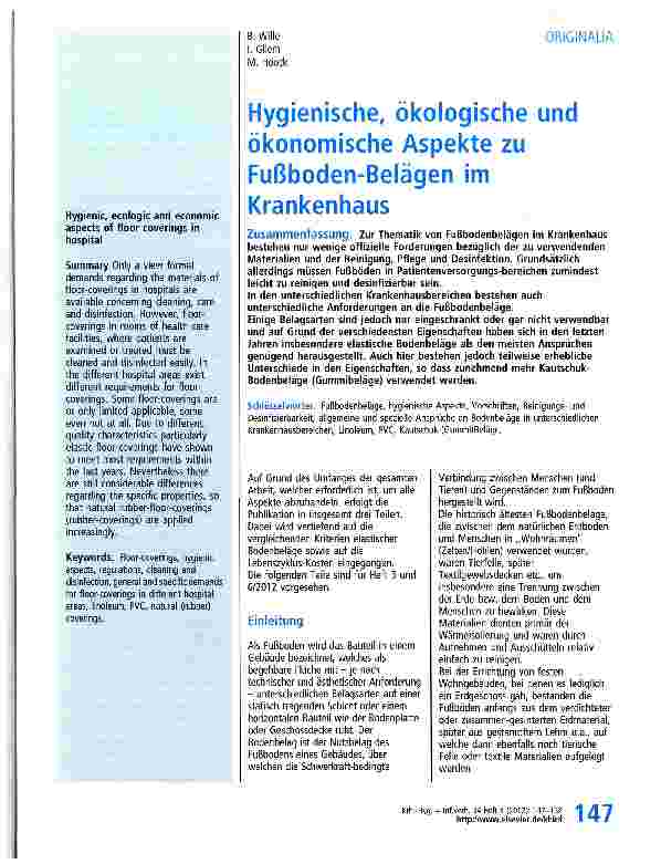 Vorschauseite 1: Hygienische, ökologische und ökonomische Aspekte zu Fußboden-Belägen im Krankenhaus
