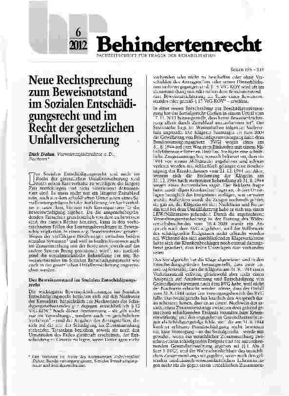 Vorschauseite 1: Neue Rechtsprechung zum Beweisnotstand im Sozialen Entschädigunesrecht und im Recht der gesetzlichen Unfallversicherung