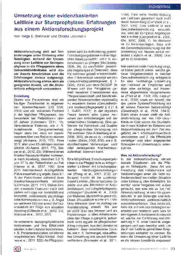 Vorschauseite 1: Umsetzung einer evidenzbasierten Leitlinie zur Sturzprophylaxe: Erfahrungen aus einem Aktionsforschungsprojekt