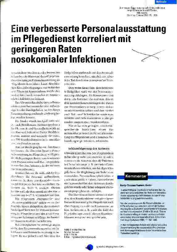 Vorschauseite 1: Eine verbesserte Personalausstattung im Pflegedienst korreliert mit geringeren Raten nosokomialer Infektionen