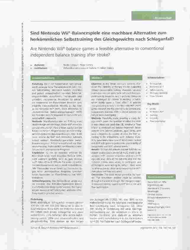Vorschauseite 1: Sind Nintendo Wii®-Balancespiele eine machbare Alternative zum herkömmlichen Selbsttraining des Gleichgewichts nach Schlaganfall?