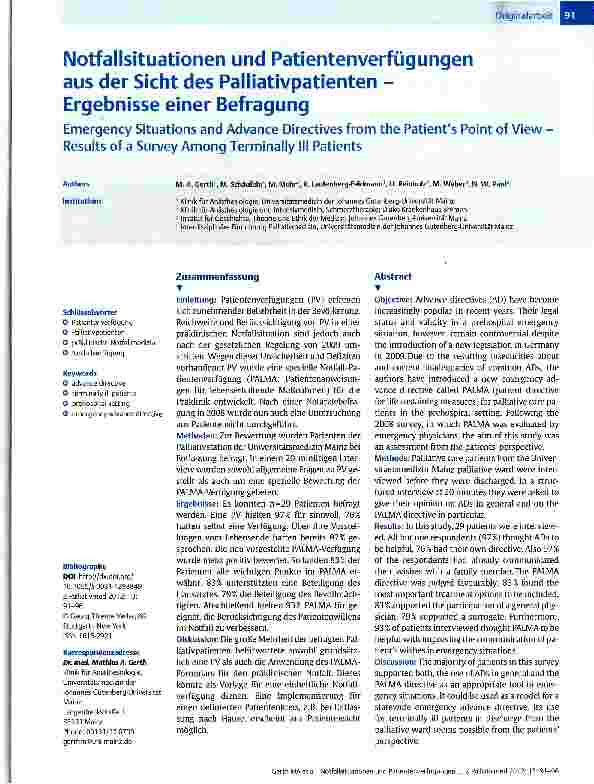 Vorschauseite 1: Notfallsituationen und Patientenverfügungen aus der Sicht des Palliativpatienten -Ergebnisse einer Befragung