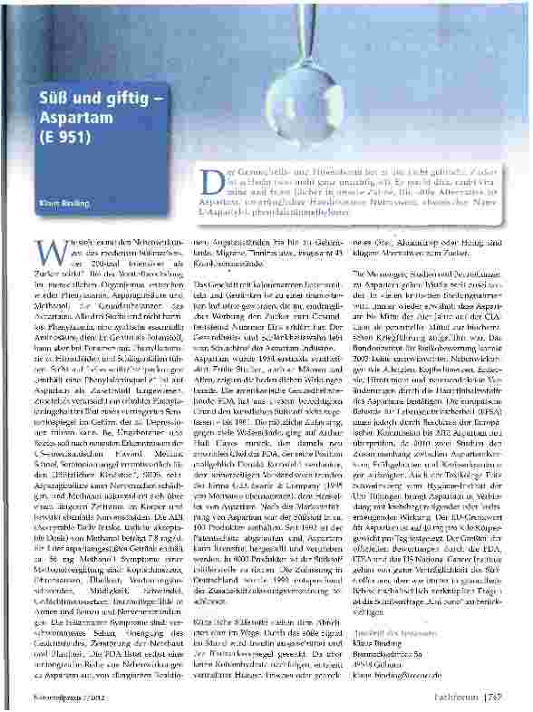 Vorschauseite 1: Süß und giftig - Aspartam (E951)