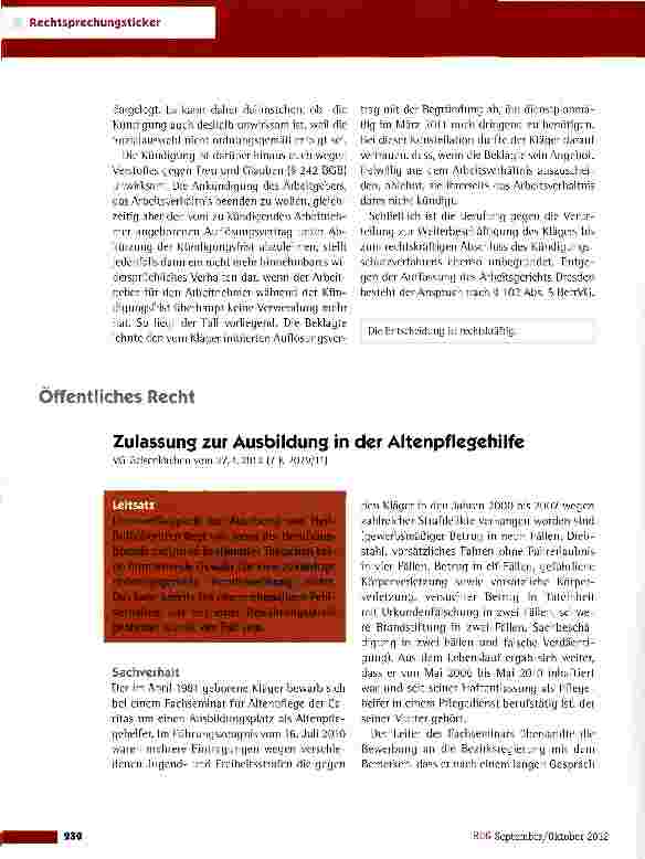 Vorschauseite 1: Zulassung zur Ausbildung in der Altenpflegehilfe