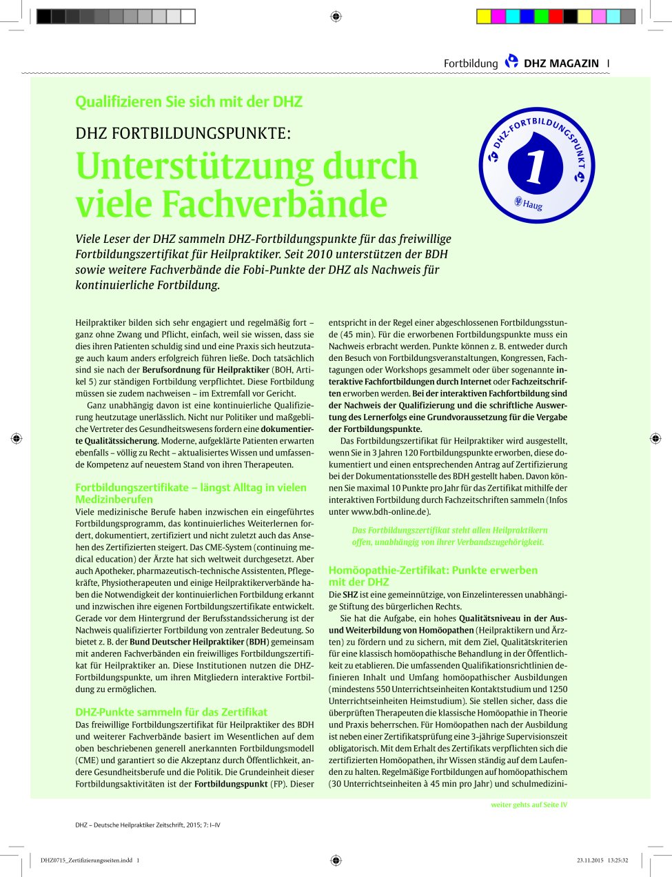 Vorschauseite 1: Qualifizieren Sie sich mit der DHZ – DHZ Fortbildungspunkte: Unterstützung durch viele Fachverbände