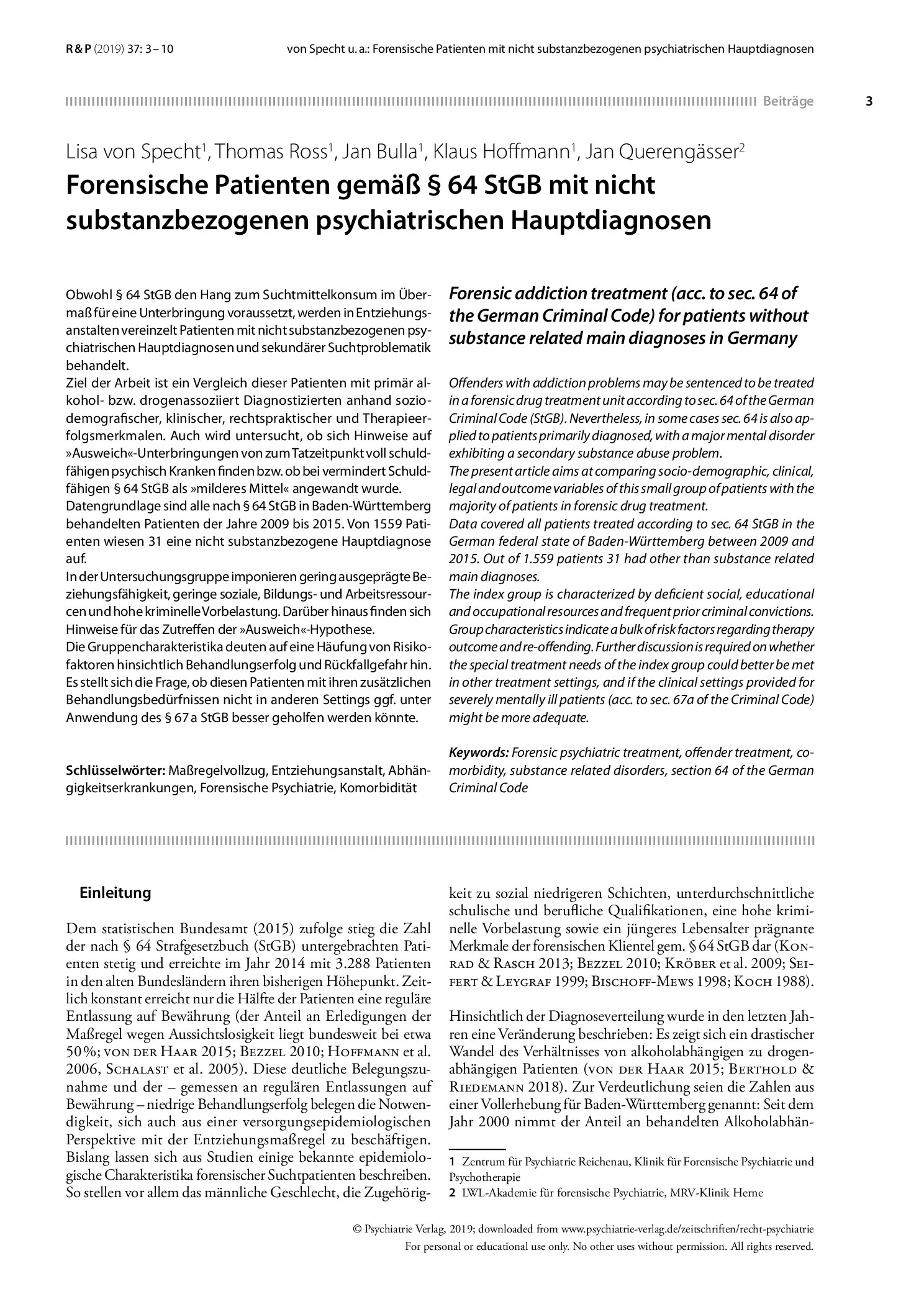 Vorschauseite 1: Forensische Patienten gemäß § 64 StGB mit nicht substanzbezogenen psychiatrischen Hauptdiagnosen