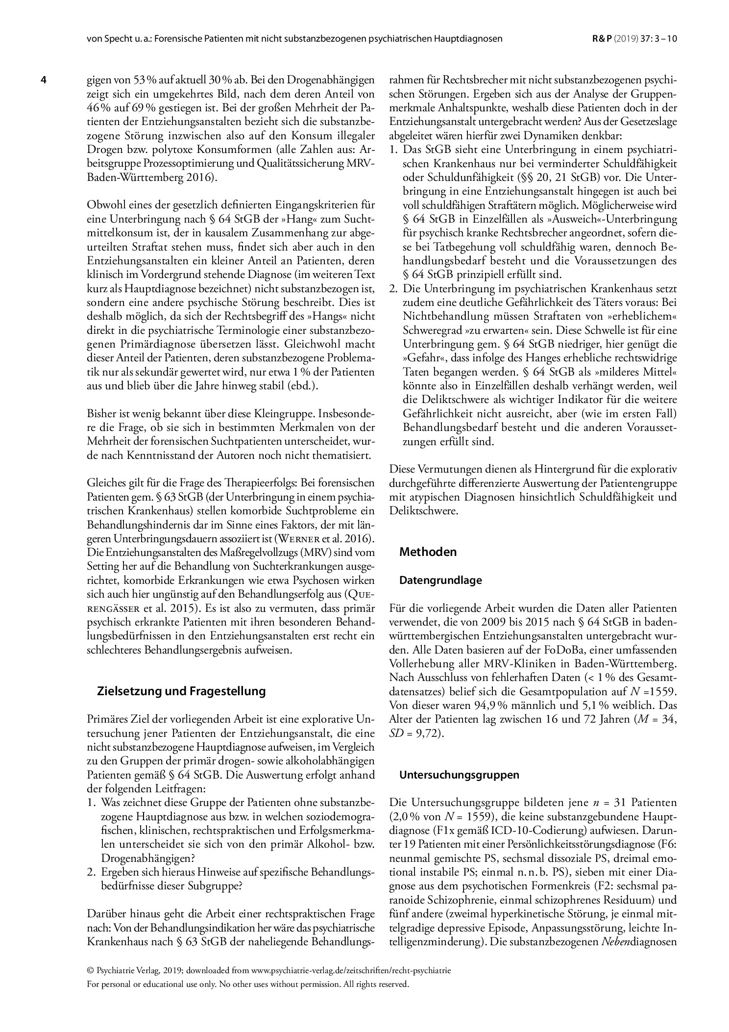 Vorschauseite 2: Forensische Patienten gemäß § 64 StGB mit nicht substanzbezogenen psychiatrischen Hauptdiagnosen