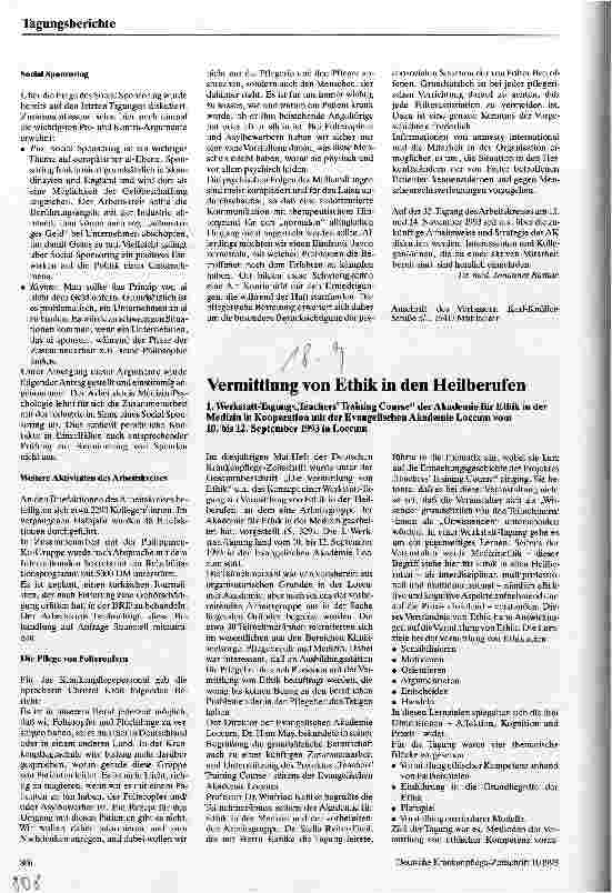 Vorschauseite 1: Vermittlung von Ethik in den Heilberufen 1.Werktstatt-Tagung: TeachersTraining Course 10.-12.09.93 in Loccum