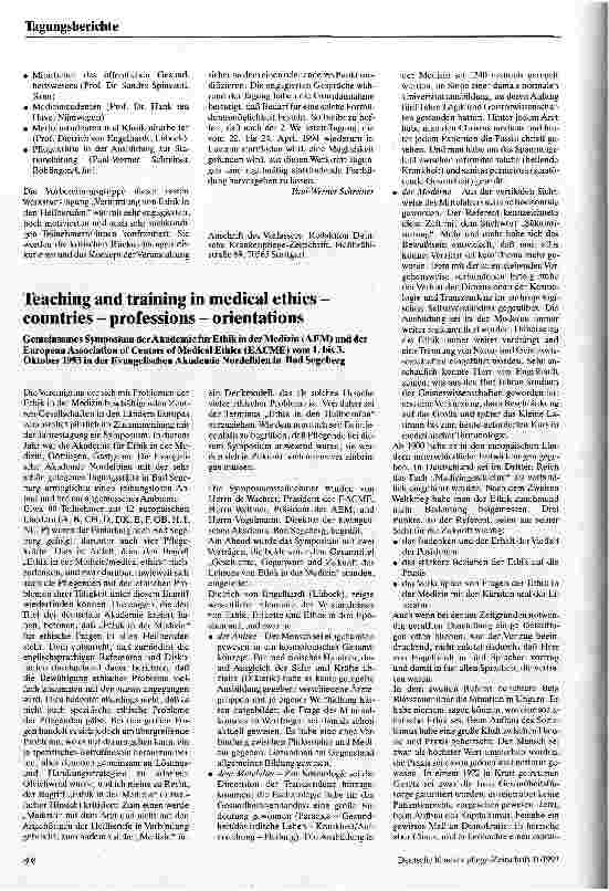 Vorschauseite 3: Vermittlung von Ethik in den Heilberufen 1.Werktstatt-Tagung: TeachersTraining Course 10.-12.09.93 in Loccum