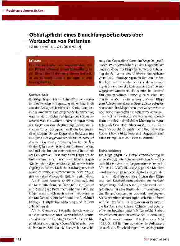 Vorschauseite 1: Obhutspflicht eines Einrichtungsbetreibers über Wertsachen von Patienten LG Bonn vom 11.1.2013 (10 0 90/12)