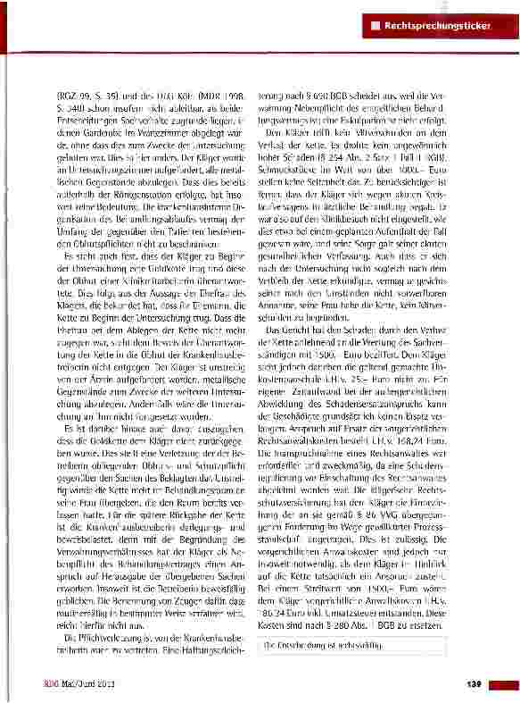 Vorschauseite 2: Obhutspflicht eines Einrichtungsbetreibers über Wertsachen von Patienten LG Bonn vom 11.1.2013 (10 0 90/12)