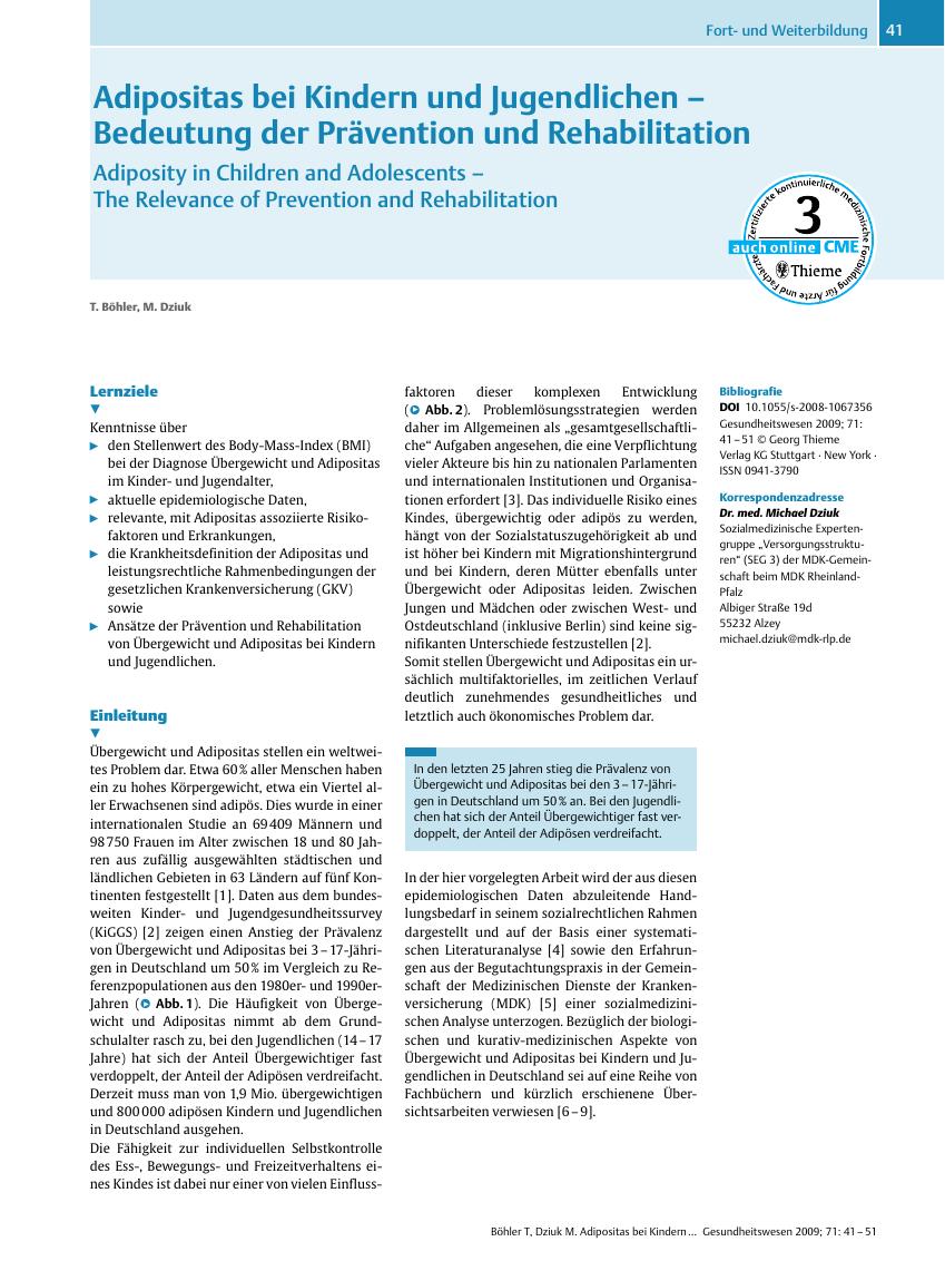 Vorschauseite 1: Adipositas bei Kindern und Jugendlichen – Bedeutung der Prävention und Rehabilitation