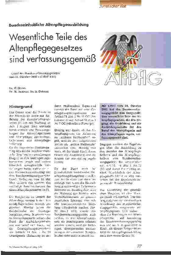 Vorschauseite 1: Wesentliche Teile des Altenpflegegesetzes sind verfassungsgemäß