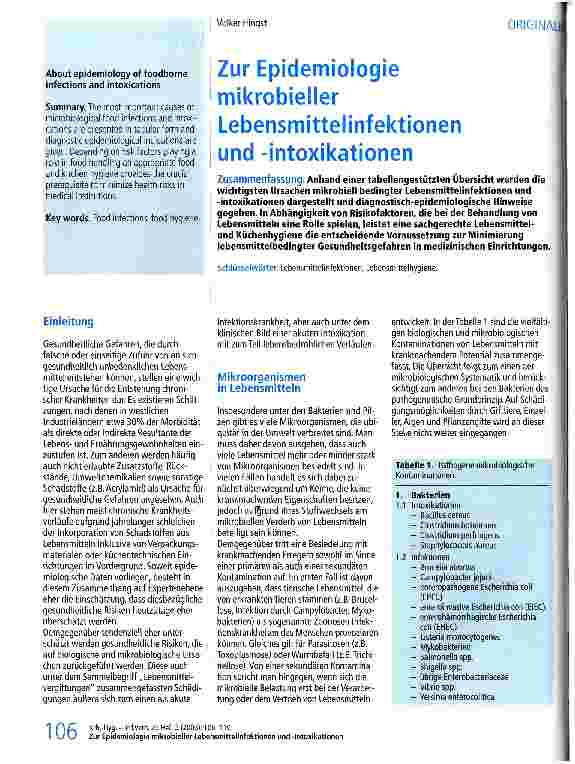 Vorschauseite 1: Zur Epidemiologie mikrobieller Lebensmittelifektionen und -intoxikationen