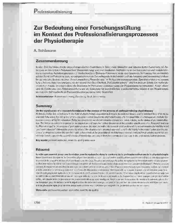 Vorschauseite 1: Zur Bedeutung einer Forschungsstiftungim Kontext des Professionalisierungsprozessesder Physiotherapie