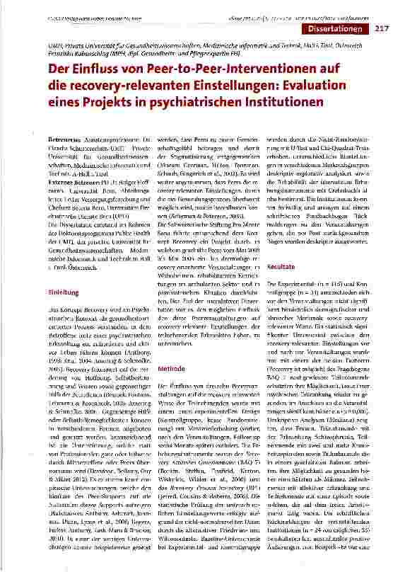 Vorschauseite 1: Der Einfluss von Peer-to-Peer-Interventionen auf die recovery-relevanten Einstellungen: Evaluation eines Projekts in psychiatrischen Institutionen