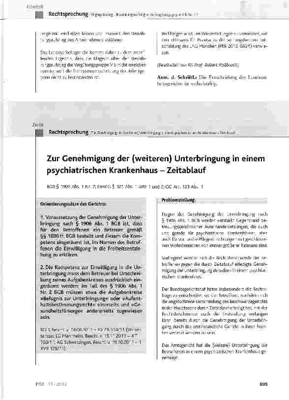 Vorschauseite 1: Zur Genehmigung der (weiteren) Unterbringung in einem psychiatrischen Krankenhaus - Zeitablauf BGB § 1906 Abs. 1 Nr. 2; FamFG § 321 Abs. 1 Satz 1 und 2; GG Art. 103 Abs. 1