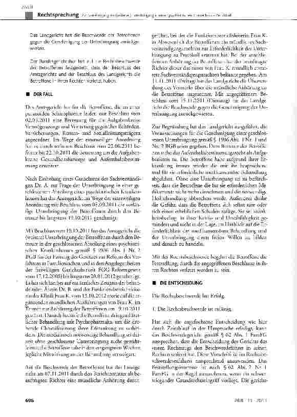 Vorschauseite 2: Zur Genehmigung der (weiteren) Unterbringung in einem psychiatrischen Krankenhaus - Zeitablauf BGB § 1906 Abs. 1 Nr. 2; FamFG § 321 Abs. 1 Satz 1 und 2; GG Art. 103 Abs. 1