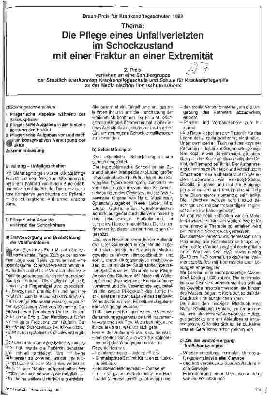 Vorschauseite 1: Braun-Preis für Krankenpflegeschulen 1982 - Thema: Die Pflege eines Unfallverletzten im Schockzustand m. einer Fraktur an einer Extremität