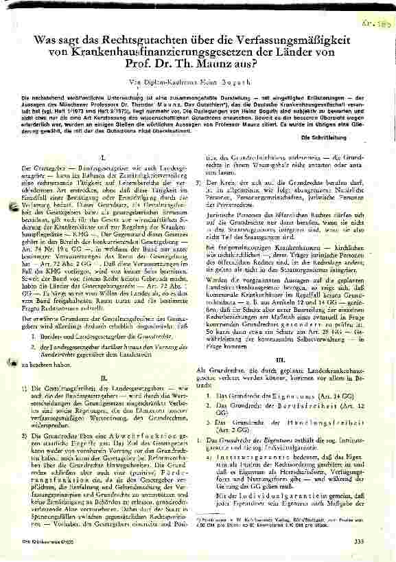 Vorschauseite 1: Was sagt das Rechtsgutachten über die Verfassungsmäßigkeit von KHG der Länder von Prof.Dr.Th. Maunz aus?