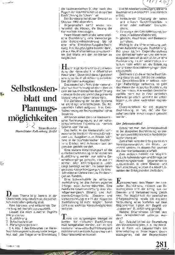 Vorschauseite 1: Selbstkostenblatt und Planungsmöglichkeiten
