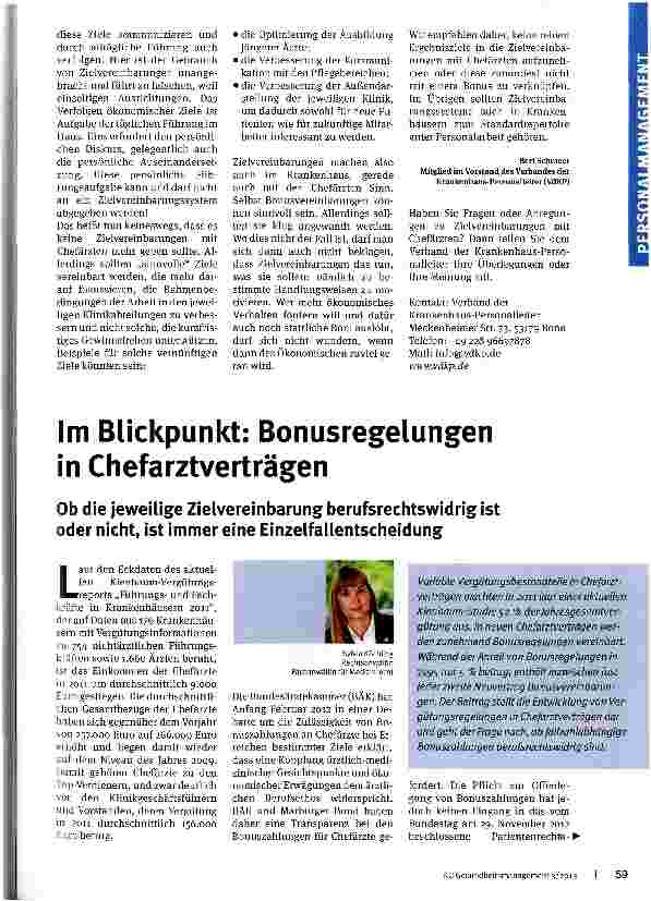 Vorschauseite 1: Im Blickpunkt: Bonusregelungen in Chefarztverträgen