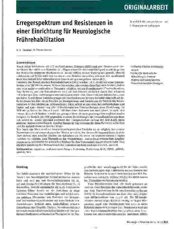 Vorschauseite 1: Erregerspektrum und Resistenzen in einer Einrichtung für Neurologische Frührehabilitation