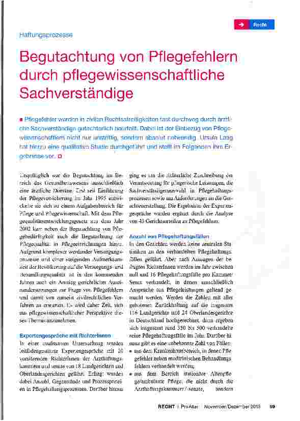 Vorschauseite 1: Begutachtung von Pflegefehlern durch pflegewissenschaftliche Sachverständige