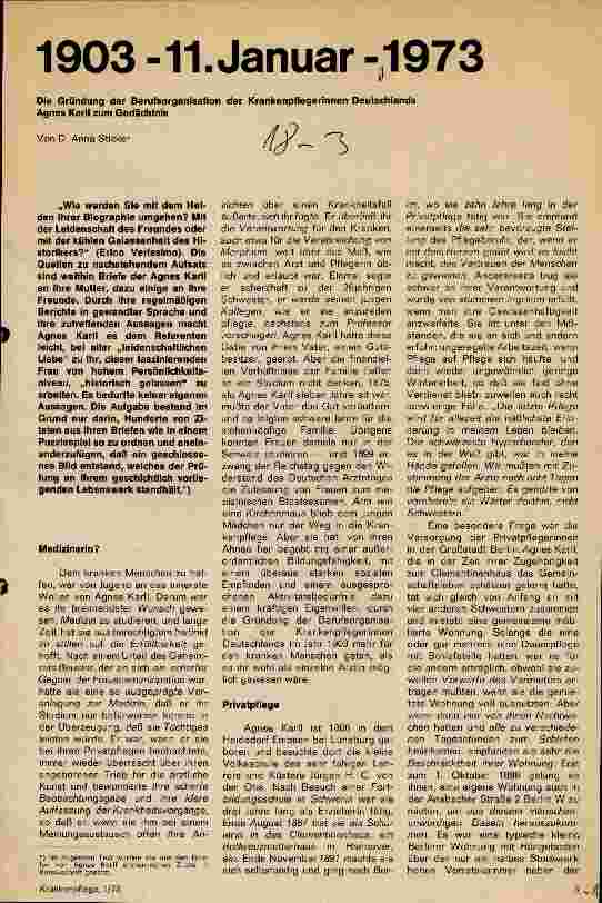 Vorschauseite 1: 1903 - 11. Januar - 1973 Die Gründung der Berufsorganisation der Krankenpflegerinnen