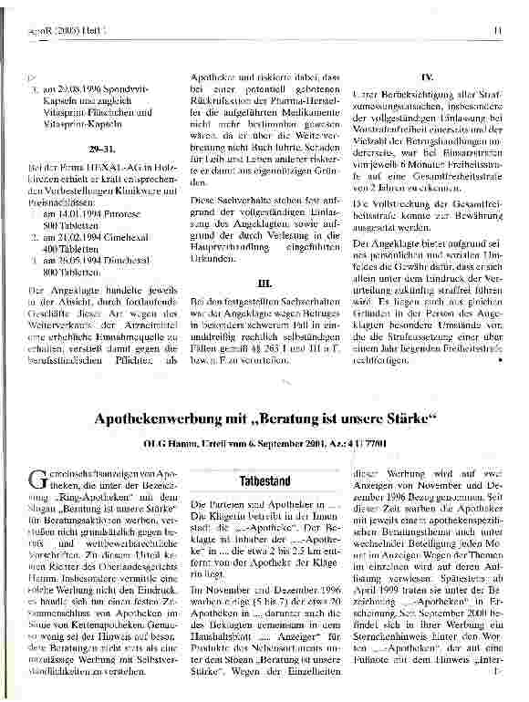 Vorschauseite 1: Apothekenwerbung mit Beratung ist unsere Stärke OLG Hamm, Urteil vom 6. September 2001