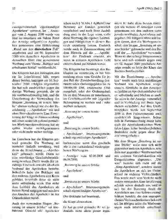Vorschauseite 2: Apothekenwerbung mit Beratung ist unsere Stärke OLG Hamm, Urteil vom 6. September 2001