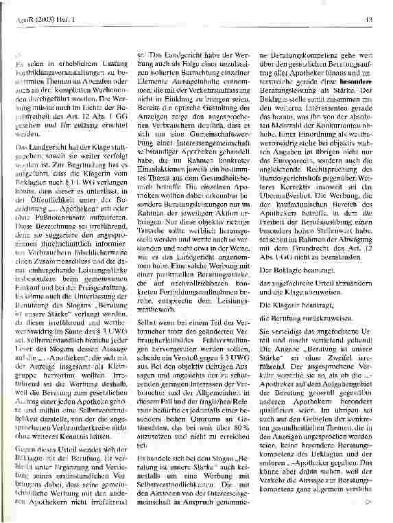 Vorschauseite 3: Apothekenwerbung mit Beratung ist unsere Stärke OLG Hamm, Urteil vom 6. September 2001